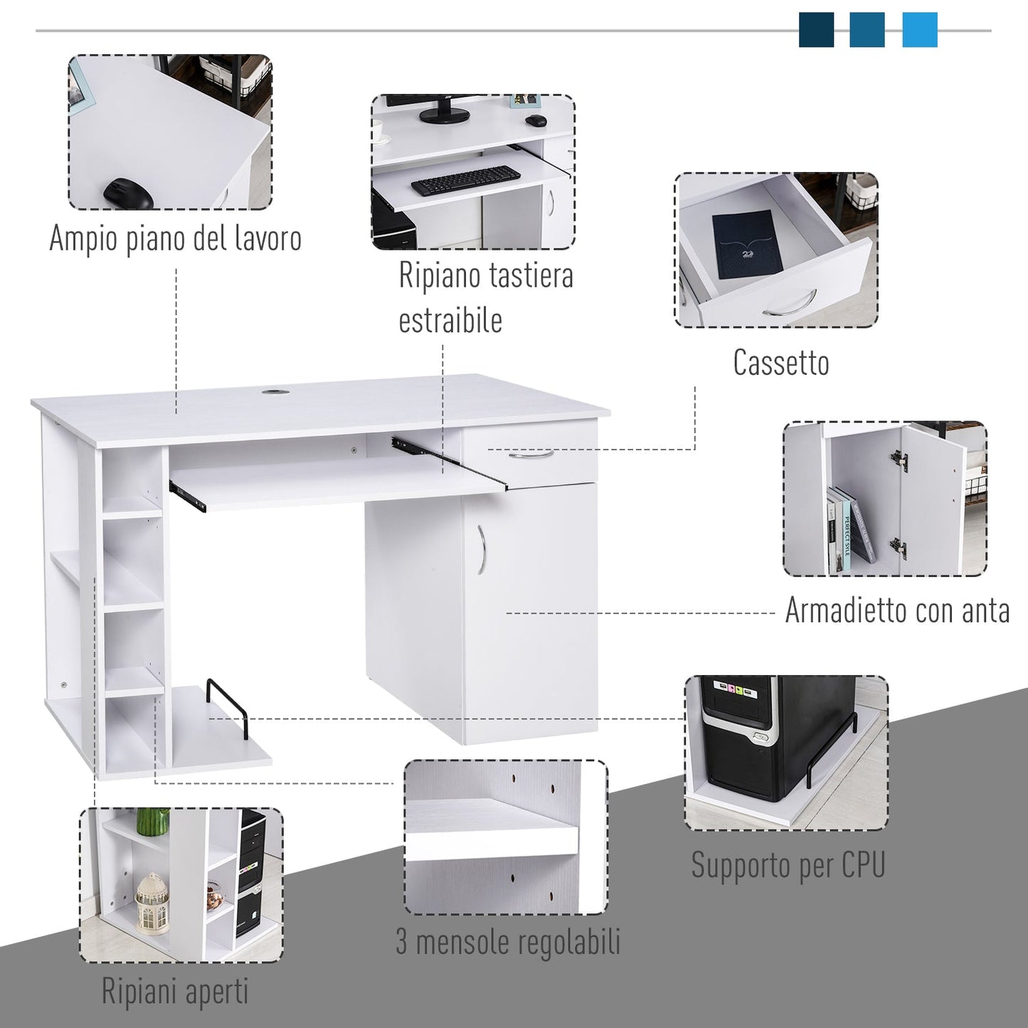 desk for ergonomic pc with shelves and white removable keyboard plane