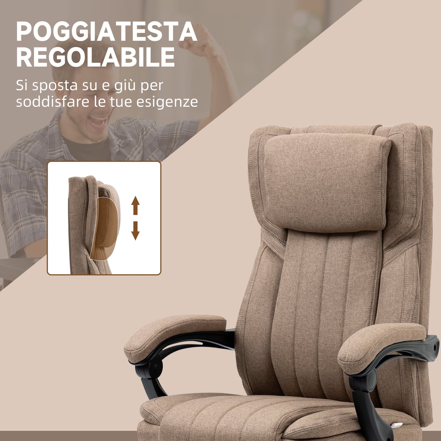 Massage Office Chair with Footrest and Remote Control, in Linen Effect Fabric, 65x61x105-113 cm, Brown