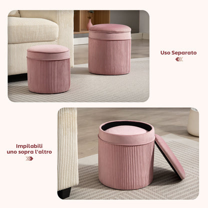 Set of 2 Round Stackable Upholstered Footstools with Velvet Upholstery, 34.8L Storage, Pink