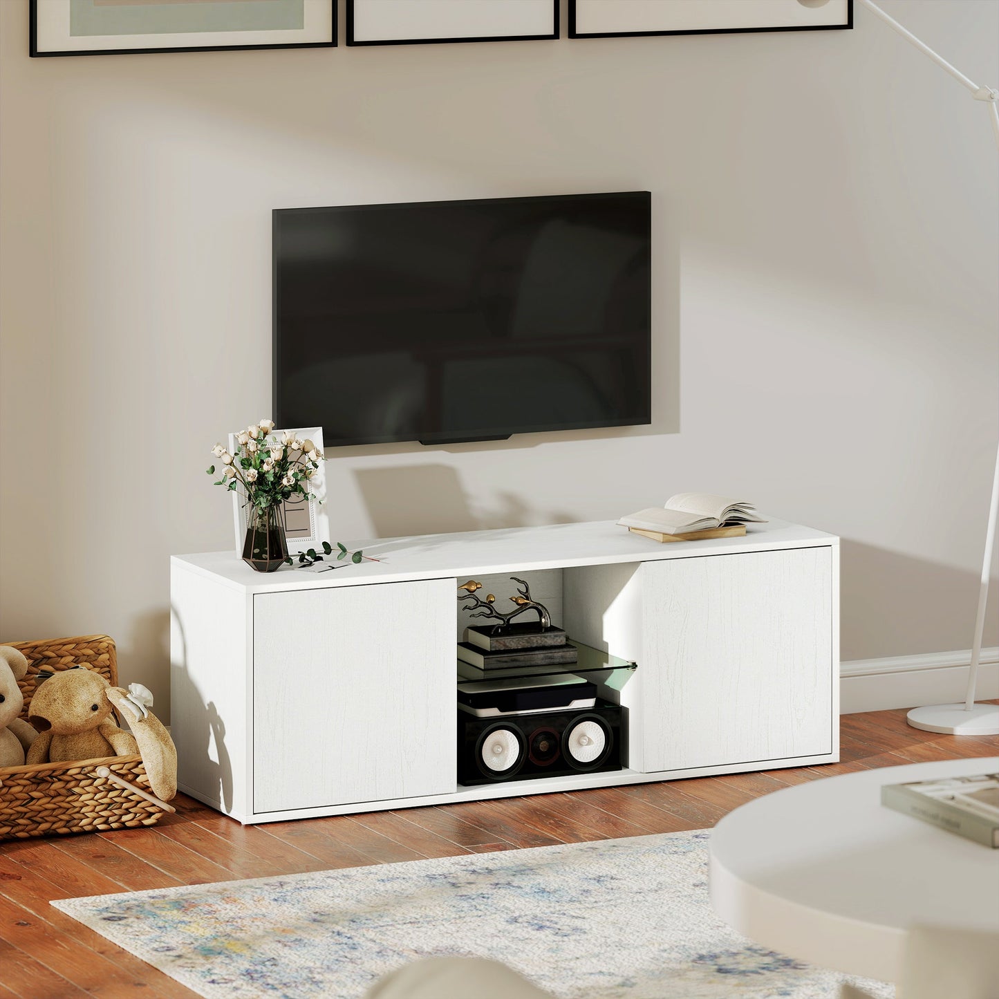 Wall-Mounted or Floor-Standing TV Stand for up to 55" with Soft-Close Doors, Cable Hole and Glass Shelf, White