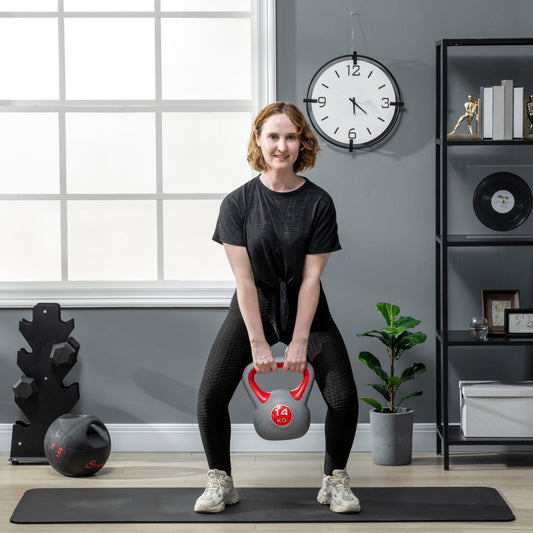 Kettlebell 14kg in PU and Sand with Flat Base and Handle for Deadlifts, Squats and Lifts, 26x18x32 cm, Red