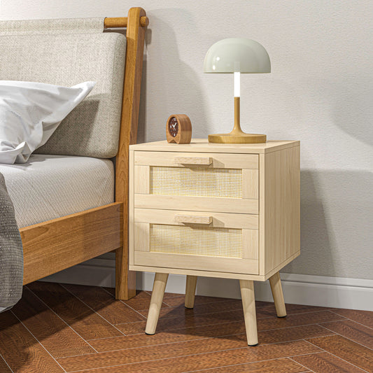 Boho Style Bedroom Nightstand with 2 Drawers, 40x40x56cm, Natural Wood Color