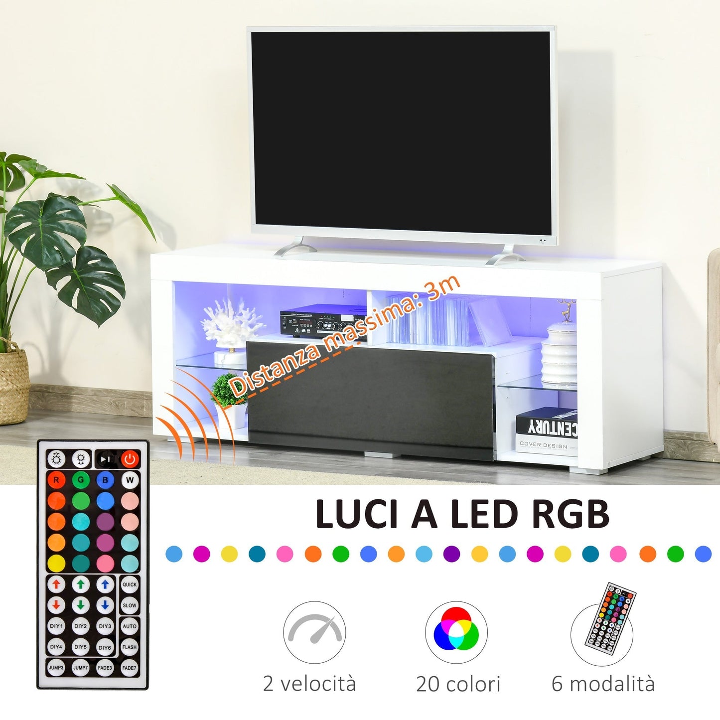 Mobile TV holder with 20 colors LED lights and remote control for televisions up to 55 ", white