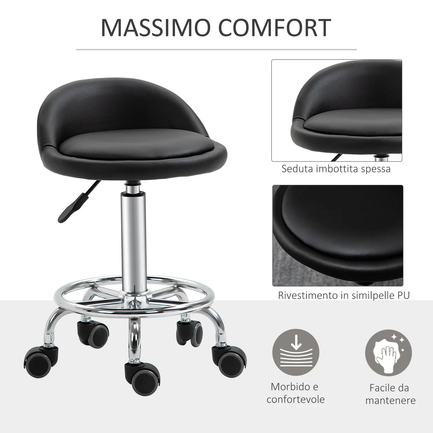 Adjustable Beauty Salon Stool with Wheels – Ergonomic PU Leather Chair, Black