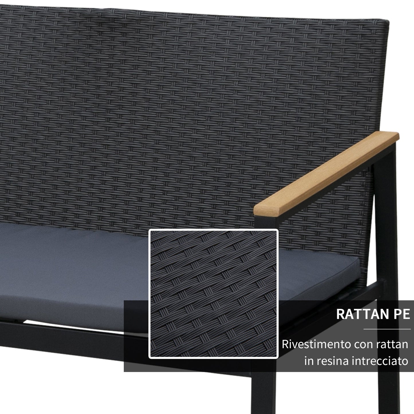 4-Piece Outdoor Lounge Set with 2 Chairs, Sofa and Coffee Table, Garden Furniture in Rattan and Black Steel