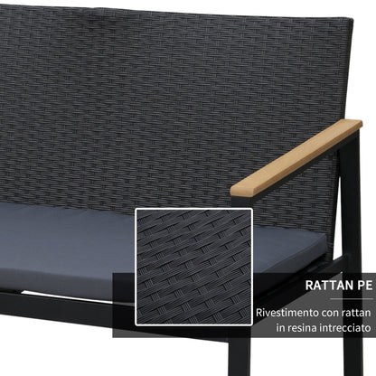 4-Piece Outdoor Lounge Set with 2 Chairs, Sofa and Coffee Table, Garden Furniture in Rattan and Black Steel