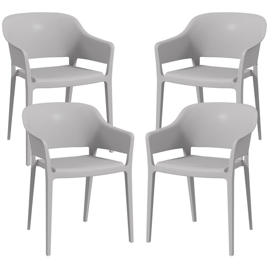 Set of 4 Stackable Plastic Garden Chairs with Armrests and High Backrest in PP, Grey