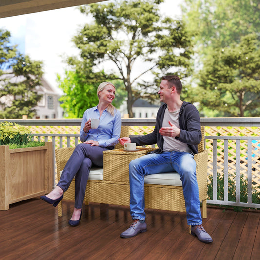 Garden Bench with Drop-Leaf Table Storage, in Rattan and Steel, 134x58x82 cm, Cream and Khaki