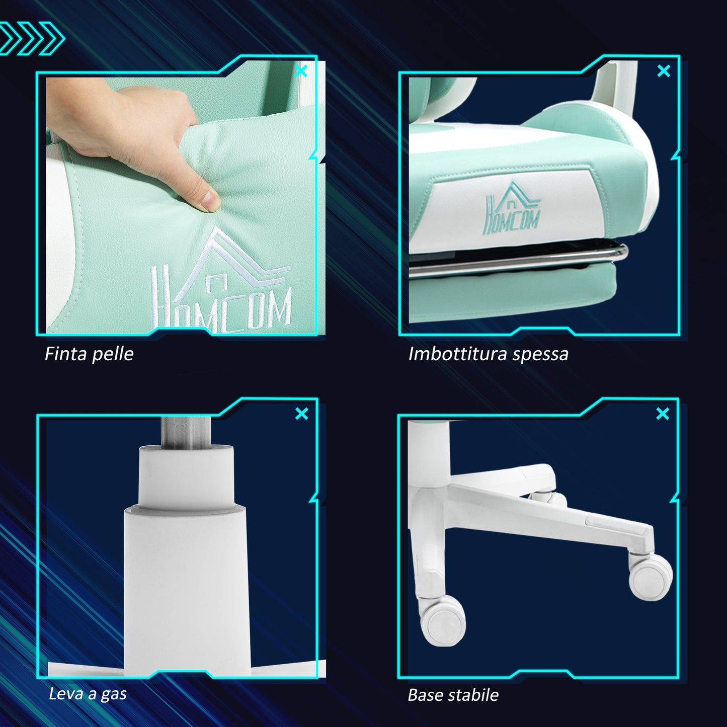 Reclining Gaming Chair with Footrest and Cushions, Faux Leather and Sponge, 65x62x116-124 cm, White and Blue