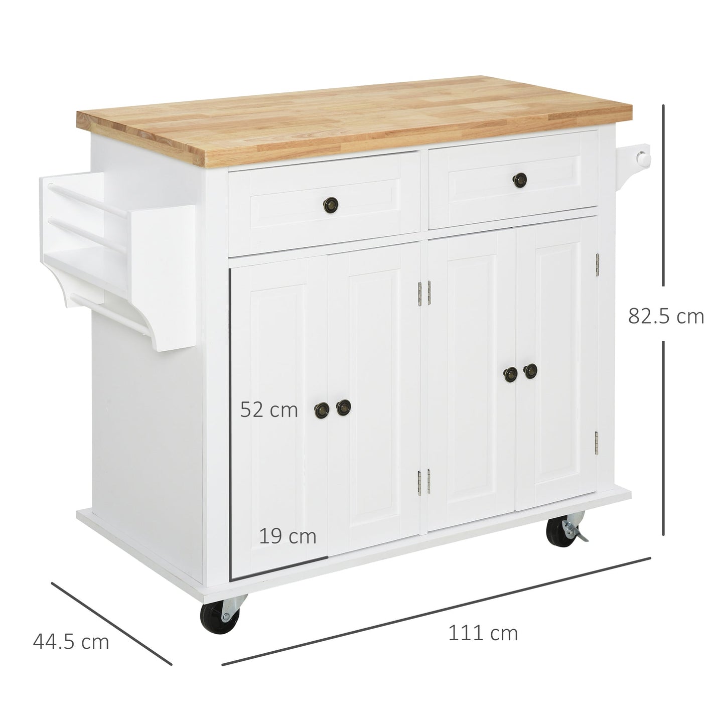 Kitchen Trolley with 2 Drawers and 2 Cabinets, Kitchen Island with Wooden Top, Spice Rack and Tea Towel Holder, White