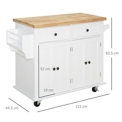 Kitchen Trolley with 2 Drawers and 2 Cabinets, Kitchen Island with Wooden Top, Spice Rack and Tea Towel Holder, White