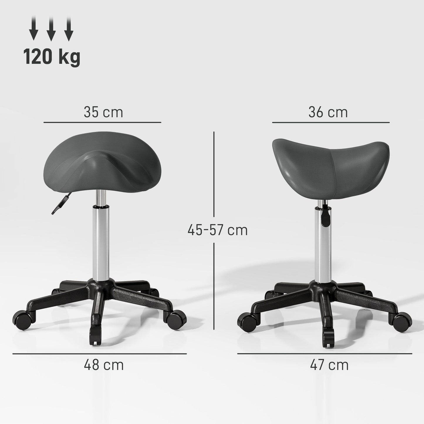 Swivel Saddle Stool with Wheels and Adjustable Height, Padded and Upholstered in Faux Leather, Grey