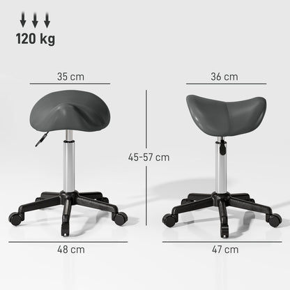 Swivel Saddle Stool with Wheels and Adjustable Height, Padded and Upholstered in Faux Leather, Grey