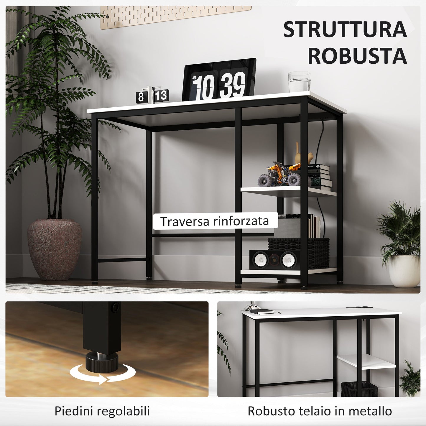 Desk with 2-Tier Bookshelf and Charging Sockets, in Wood and Metal, 100x50x75 cm, White and Black
