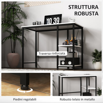Desk with 2-Tier Bookshelf and Charging Sockets, in Wood and Metal, 100x50x75 cm, White and Black