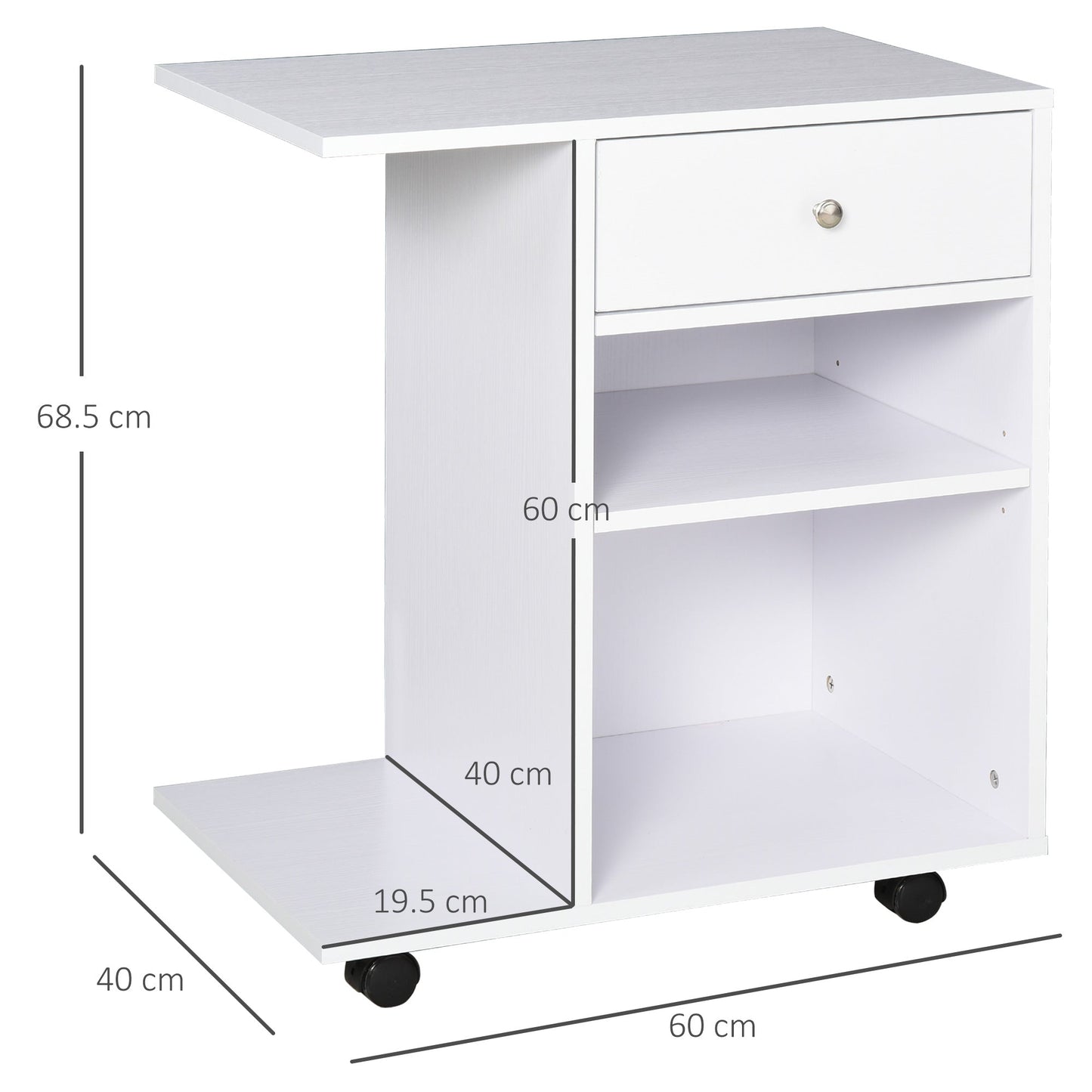 Wooden Printer Cabinet with 4 Wheels, Adjustable Shelf and CPU Tray, White