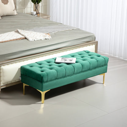 Padded Bed End Bench with Quilted Velvet Fabric Covering, 118x45x42 cm, Dark Green