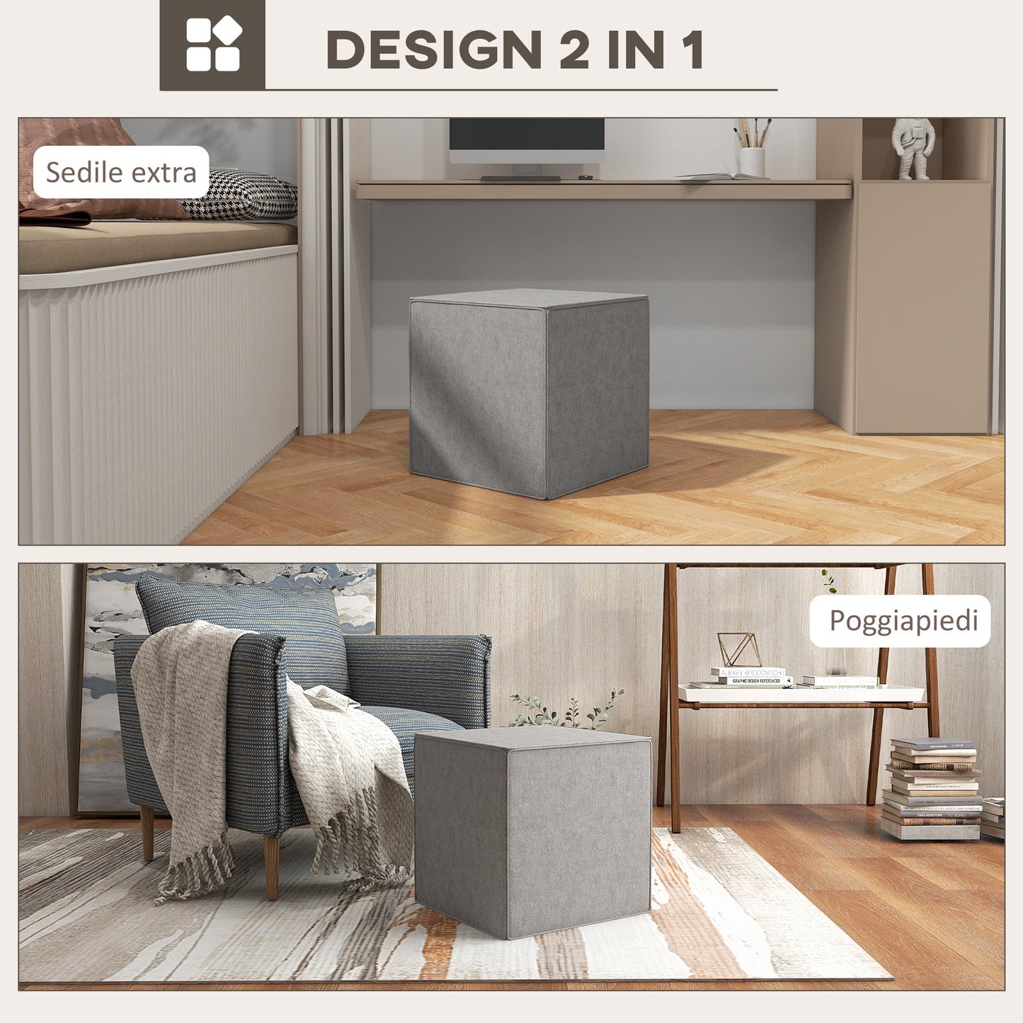 Square Footstool 2 in 1 with Removable Linen Effect Fabric Cover, 41x41x41 cm, Light Grey