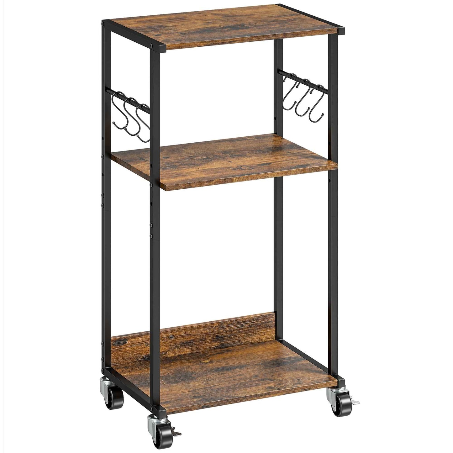 HOMCOM Industrial Printer Table 3 Tier, Wheels and Hooks, Rustic Brown.