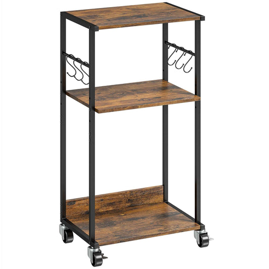 HOMCOM Industrial Printer Table 3 Tier, Wheels and Hooks, Rustic Brown.