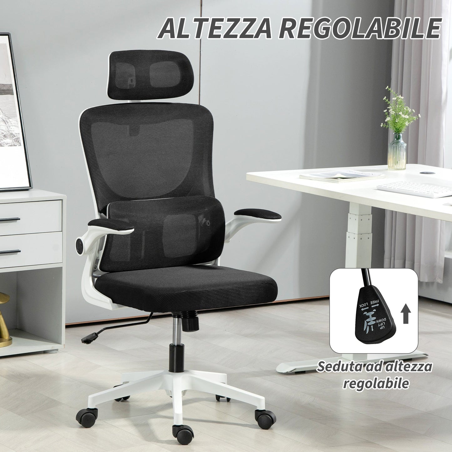 Adjustable and Reclining Office Chair with Removable Headrest, Mesh Fabric, 60x59x114-122 cm, Black