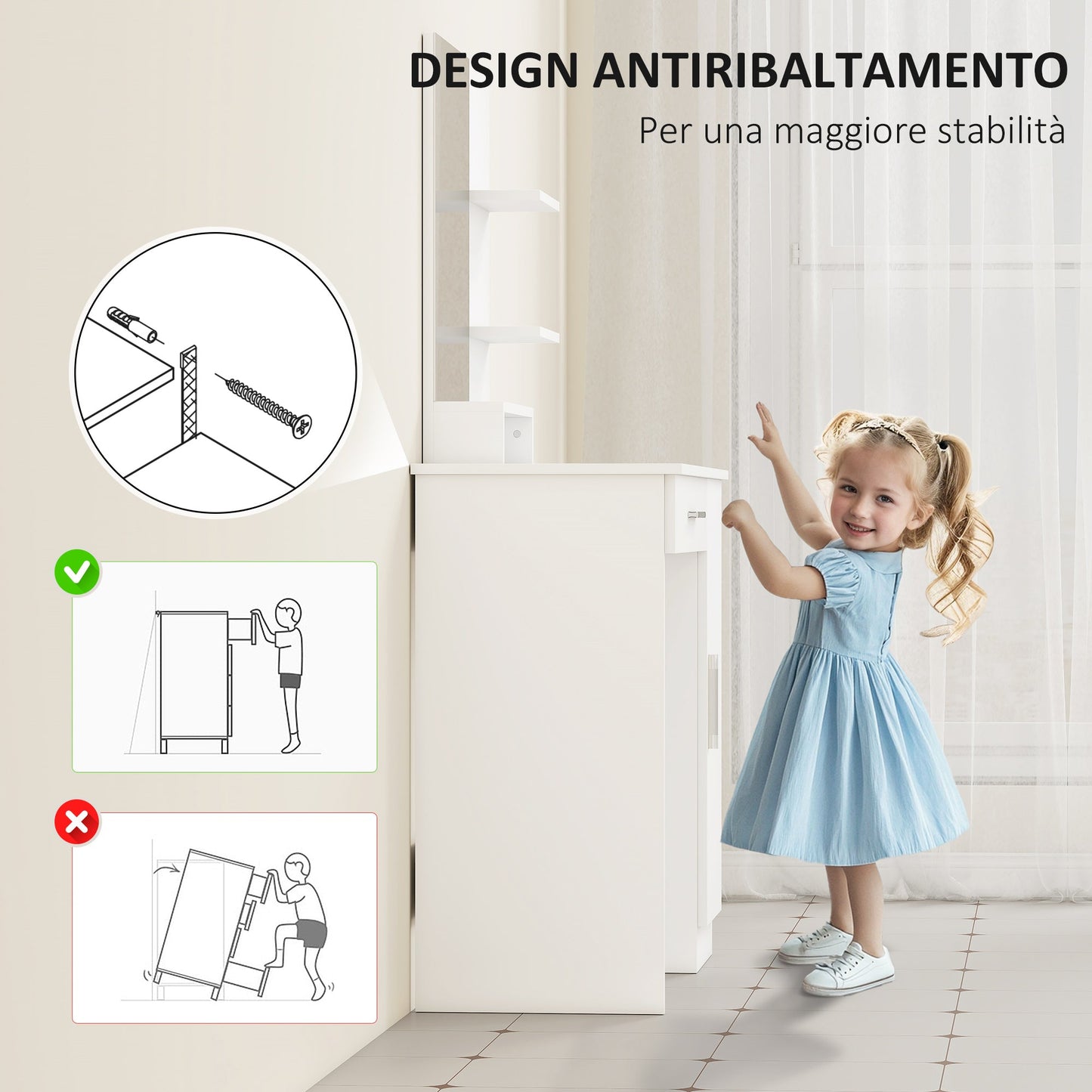 Dressing Table with Cabinet, Drawer, Makeup Mirror and Open Shelves, 90x38x138 cm, White