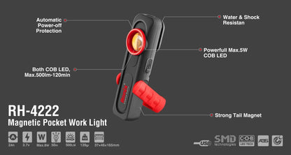500lm, magnetic pocket, work light, RONIX RH-4222