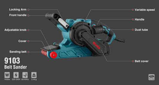 1050W, belt sander, 76x533mm, 150-380m-min speed. wood-metal worker, RONIX 9103