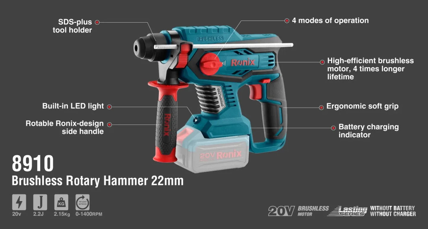 Cordless, rotary hammer, brushless series, no battery, RONIX 8910