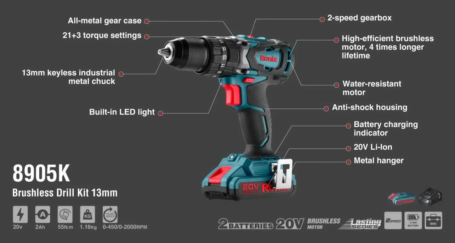 20V, cordless drill, brushless kit, RONIX 8905K