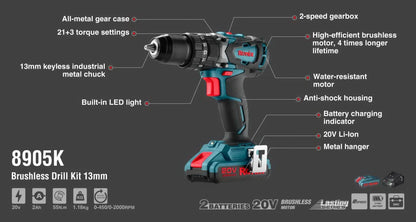 20V, cordless drill, brushless kit, RONIX 8905K