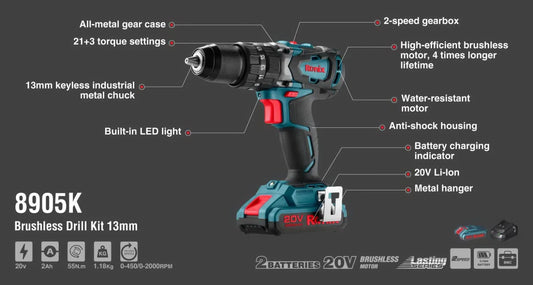 20V, cordless drill, brushless kit, RONIX 8905K