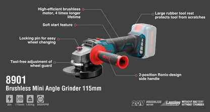 Cordless, mini angle grinder, no battery, RONIX 8901