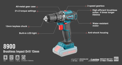 20V, cordless, hammer drill, No battery, RONIX 8900