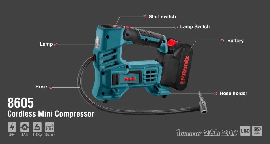 20V, cordless mini compressor, RONIX 8605