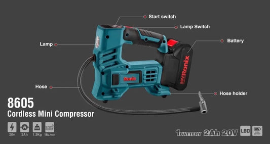 20V, cordless mini compressor, RONIX 8605