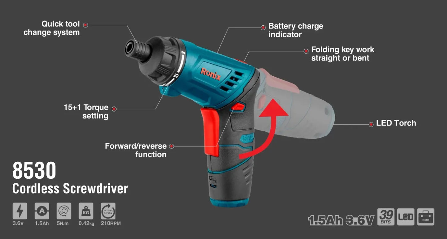 3.6V, 5N.M, cordless, foldable, screwdriver, RONIX 8530