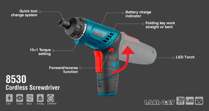 3.6V, 5N.M, cordless, foldable, screwdriver, RONIX 8530