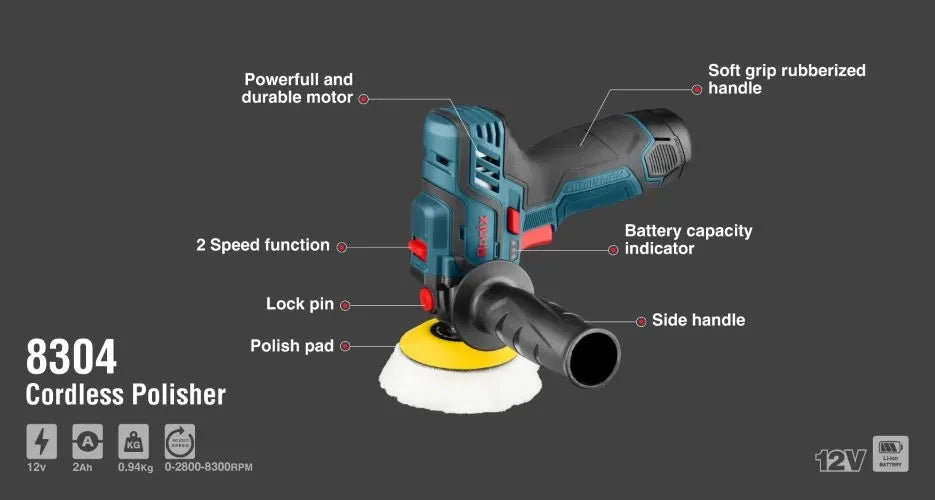 8304 Cordless Polisher, 12V, 2Ah, RONIX