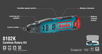 12V, cordless, rotary, tool kit, RONIX 8102K