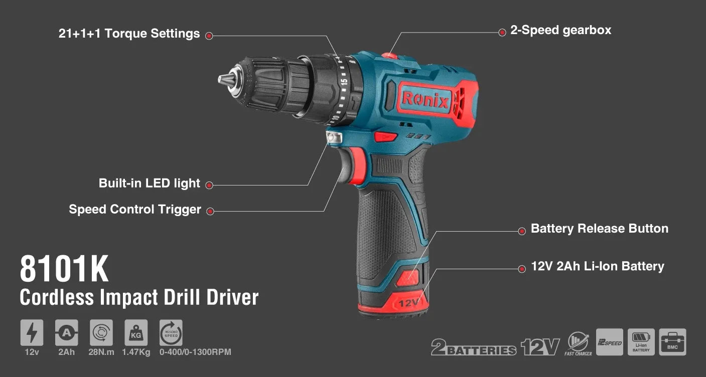 12V, 28N.M, cordless, impact drill, driver kit, RONIX 8101K