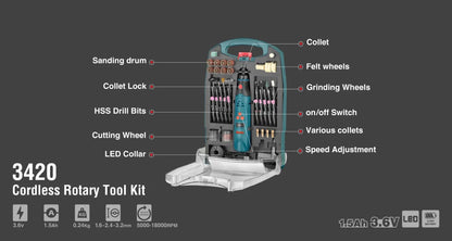 3.6V, cordless, rotary tool kit, carrying case, RONIX 3420