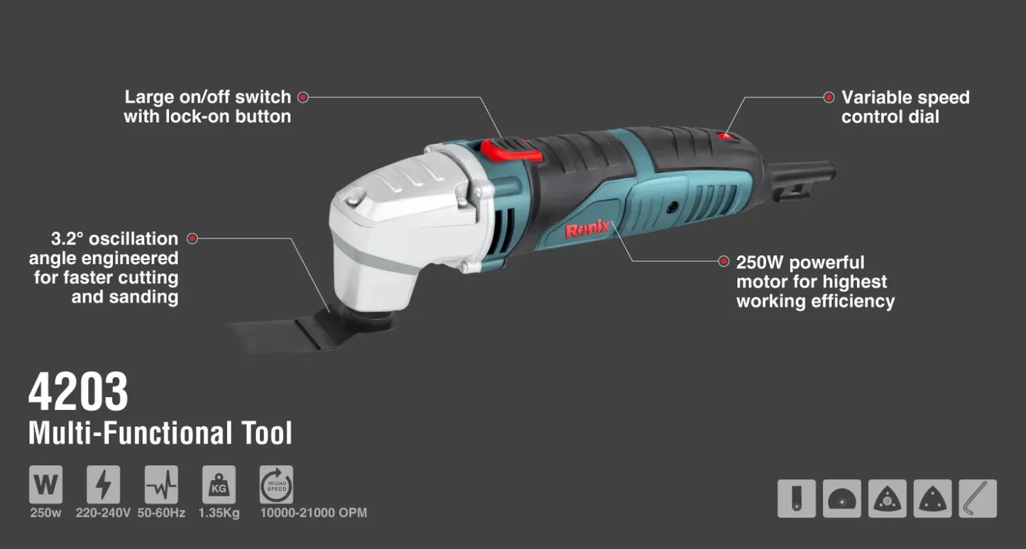 250W, multi-functional tool, cut, sand, scrape & more, RONIX 4203