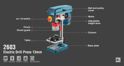 350W, electric drill press, 5 pulley speeds, RONIX 2603