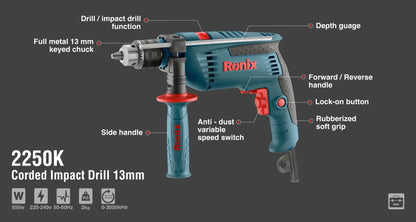 850W, impact drill, variable speed, RONIX 2250