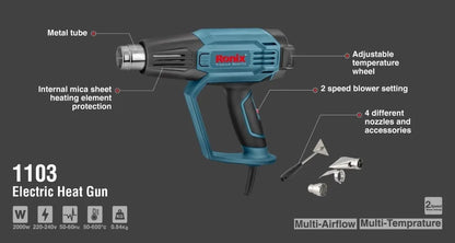 2000W, electric heat gun, 7 temperature setting, 3 airflow speed, up 600℃, RONIX 1103