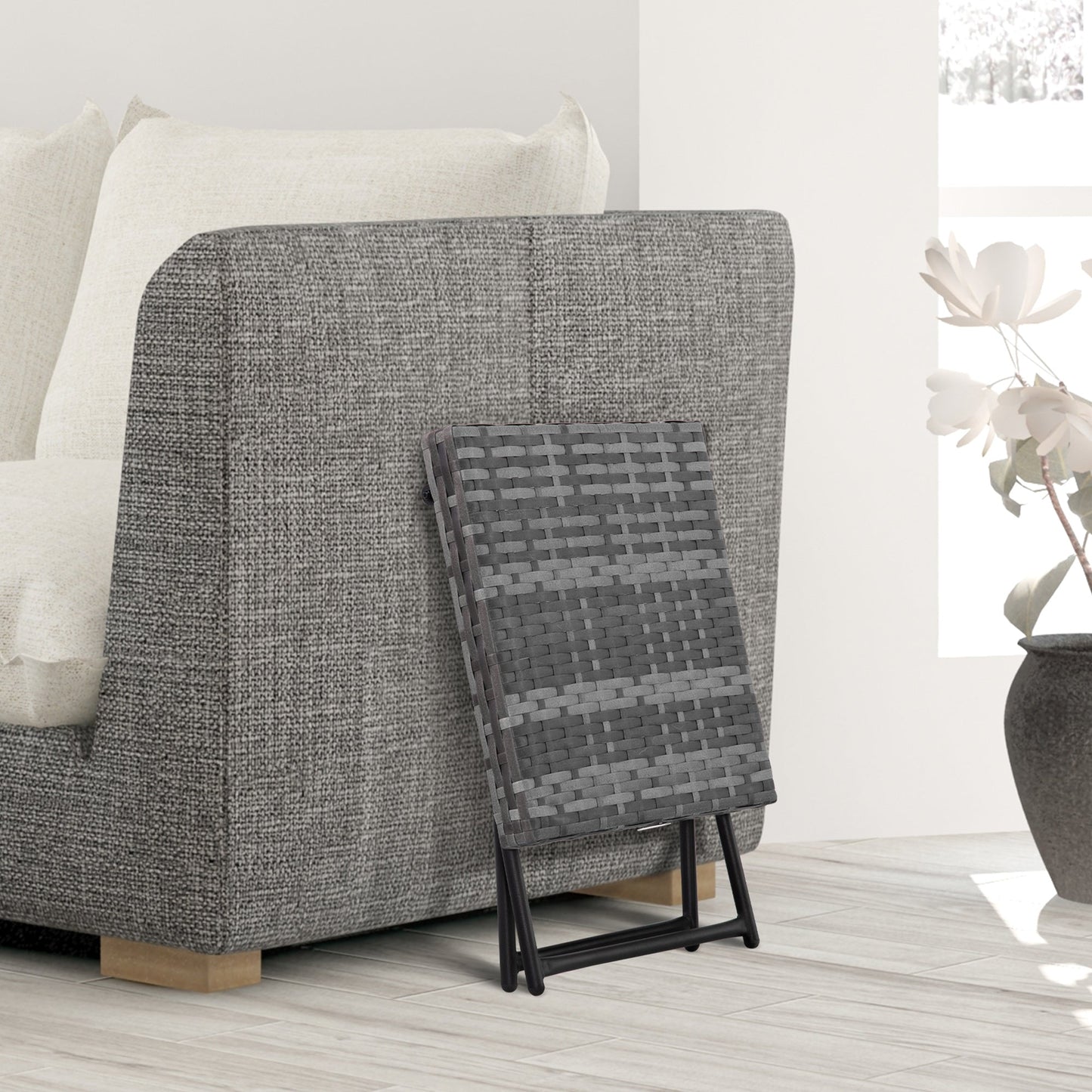 Space-Saving Folding Garden Table in Synthetic Rattan and Steel, 40x40x40cm, Grey