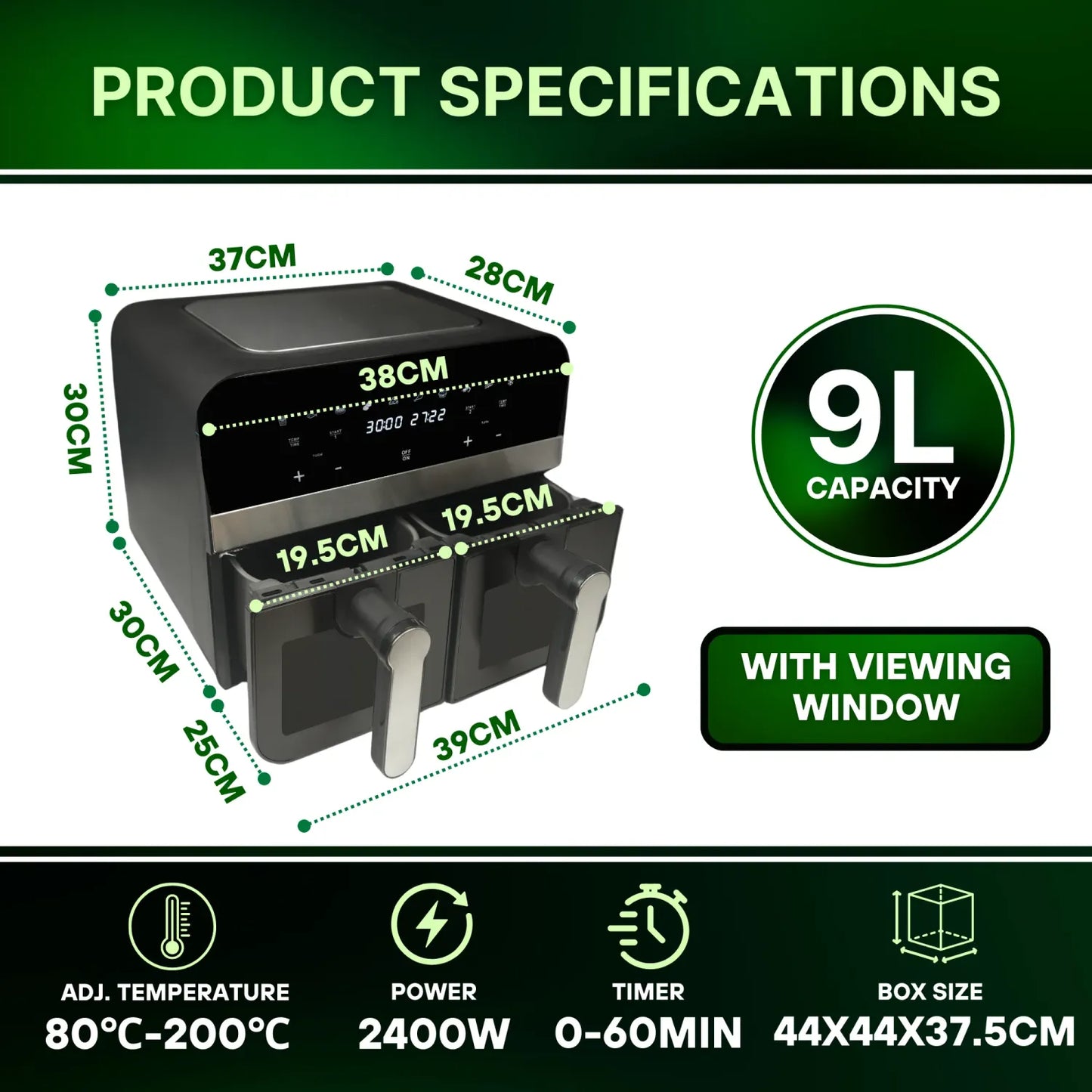 2400W Black Double Basket Digital Air Fryer w/ Window - 9L