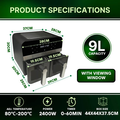 2400W Black Double Basket Digital Air Fryer w/ Window - 9L