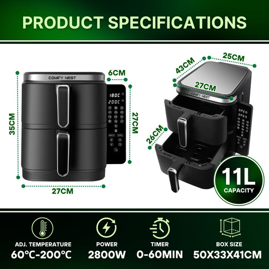2800W Double Basket Air Fryer with Digital Folding Side Panel - 11L